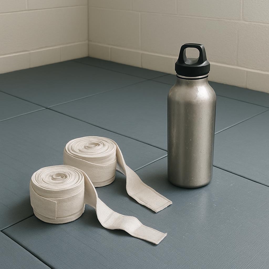 A pair of hand wraps, a metal water bottle, sitting on a gray mat.
