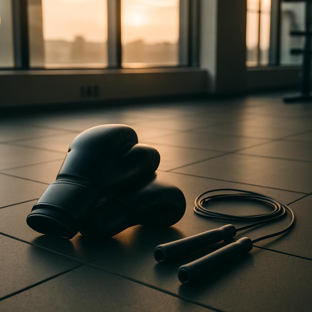 Boothded scene of a workout area with dark workout gloves and a small black jump rope, Interior of a building with floor l...