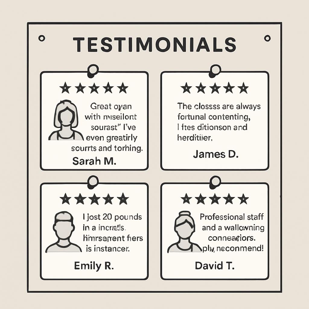 A grid of four customer testimonial panels with 5 golden stars, displaying simple line-drawn figures alongside black text....